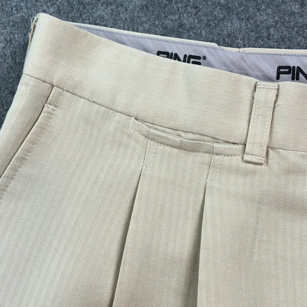 Ping Mens Pleated Pants 40x32 Khaki Beige Herringbone Classic Rayon Polyester